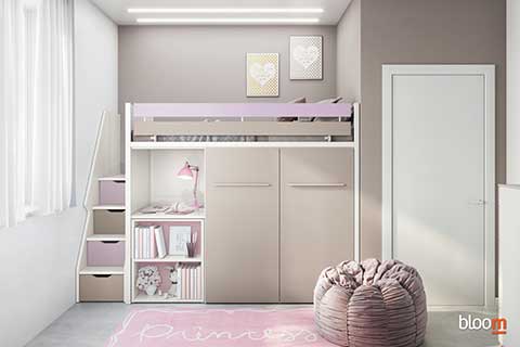 Soppalco Sky con scrivania estraibile, settimino, specchio e contenitori pensili