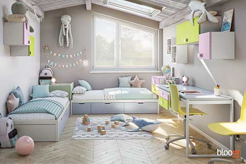 Armadio scorrevole, letti con contenitori estraibili e zona studio